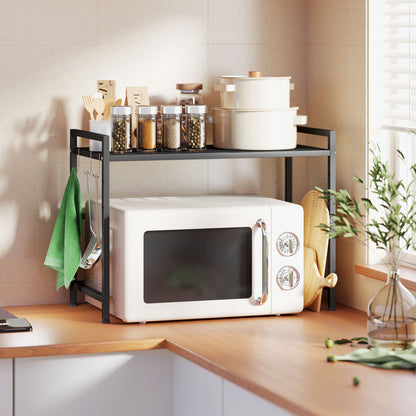 2-Tier Expandable Microwave Oven Rack with 3 Hooks, Black