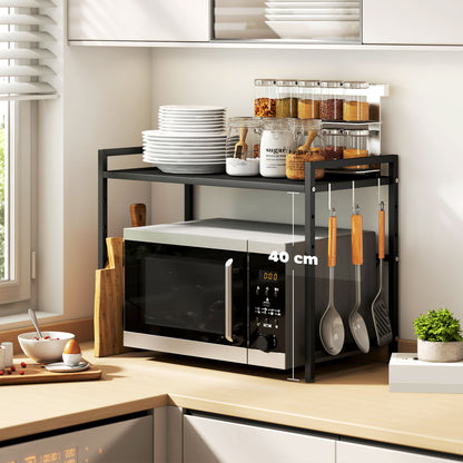 2-Tier Expandable Microwave Oven Rack with 3 Hooks, Black
