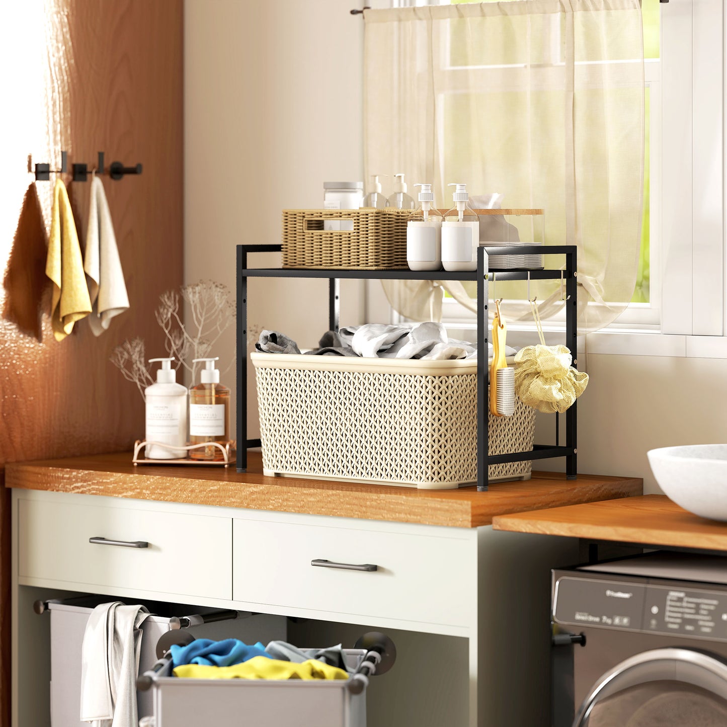 2-Tier Expandable Microwave Oven Rack with 3 Hooks, Black