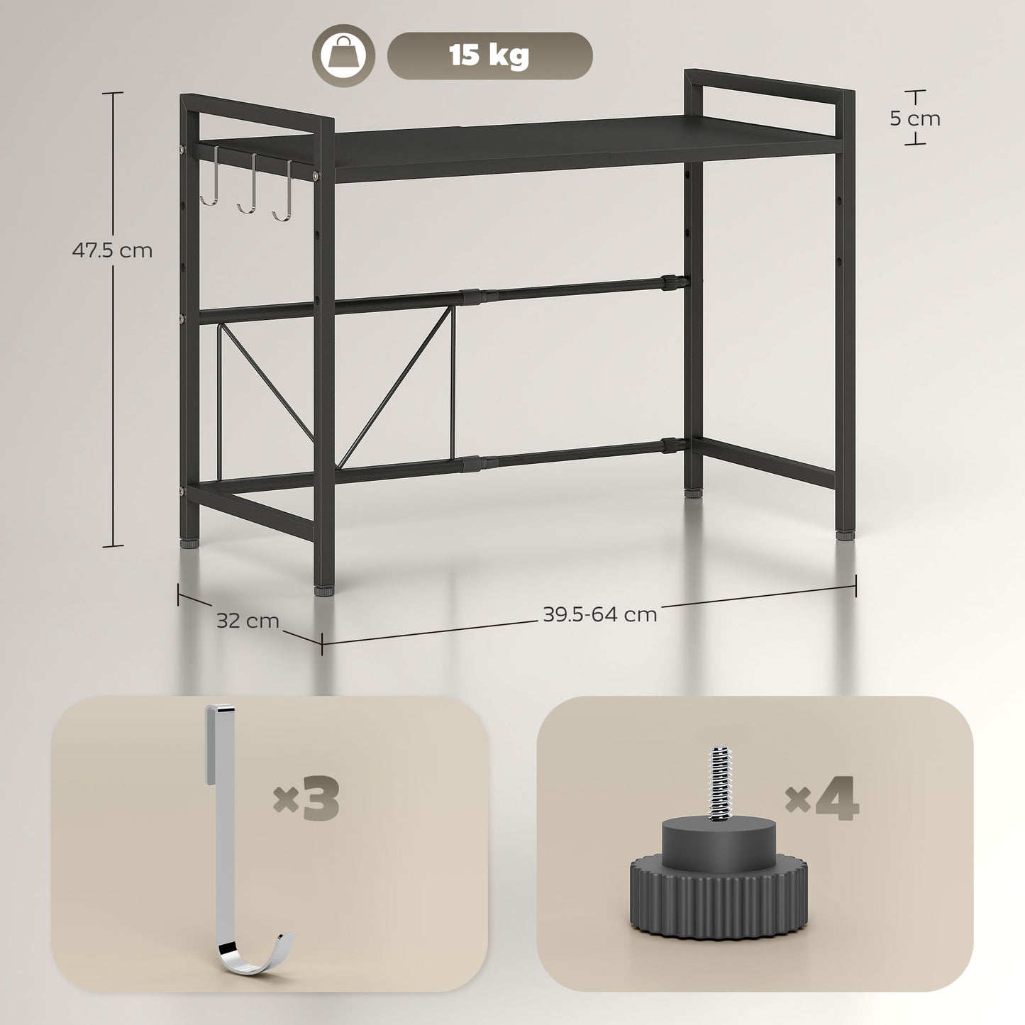 2-Tier Expandable Microwave Oven Rack with 3 Hooks, Black