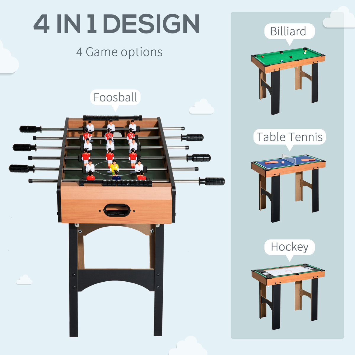 4-in-1 Games Table with Table Football, Pool, Table Tennis and Hockey - Natural