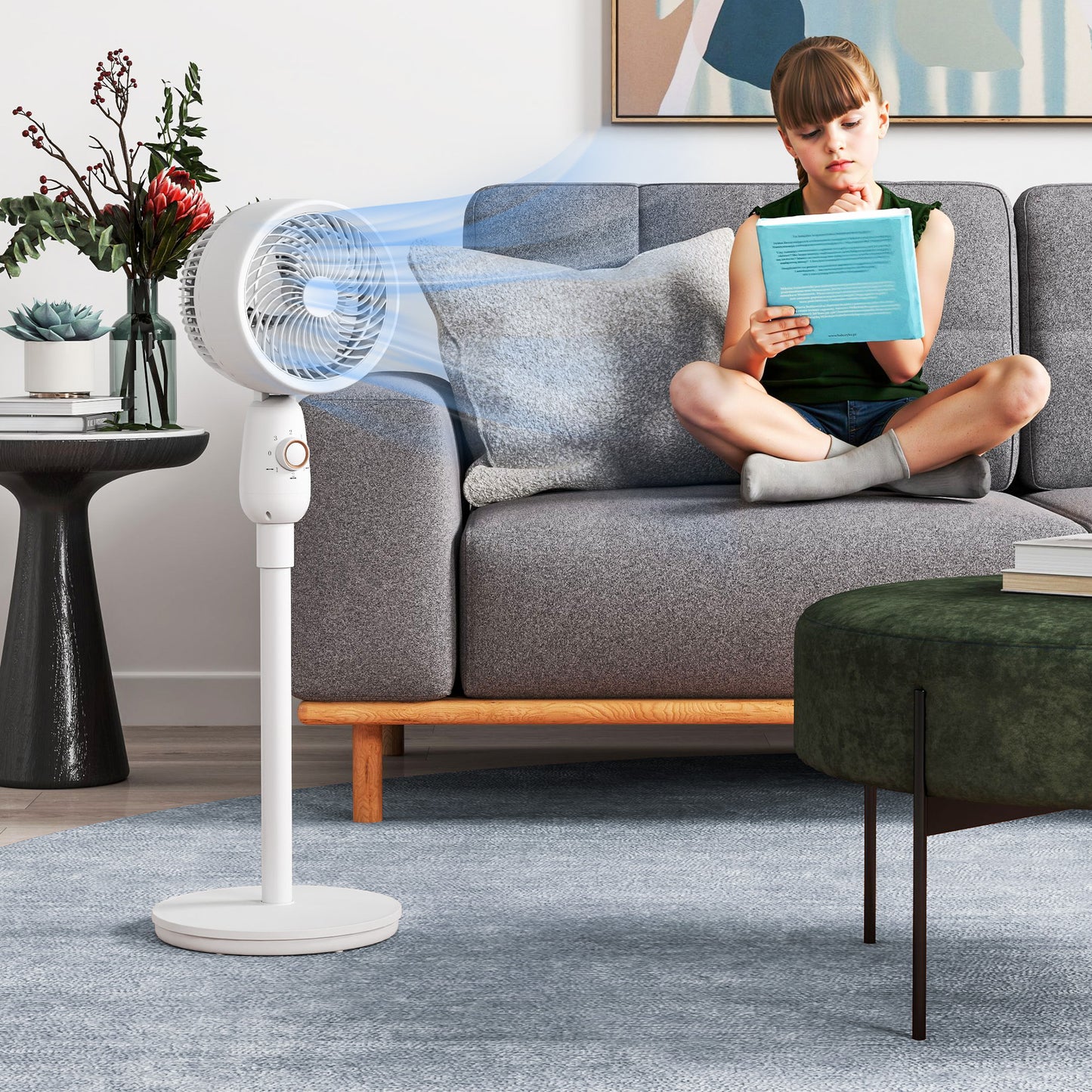 Pedestal Fan for Bedroom, Powerful Air Circulator with 3 Speed, White