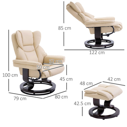 PU Leather Manual Reclining Armchair Footstool Padded Seat Cream