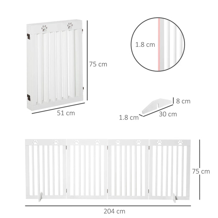 Pet Gate 4 Panel Wooden Foldable Fence Freestanding Dog Safety Barrier with 2 Support Feet for Doorways Stairs 80'' x 30'' White