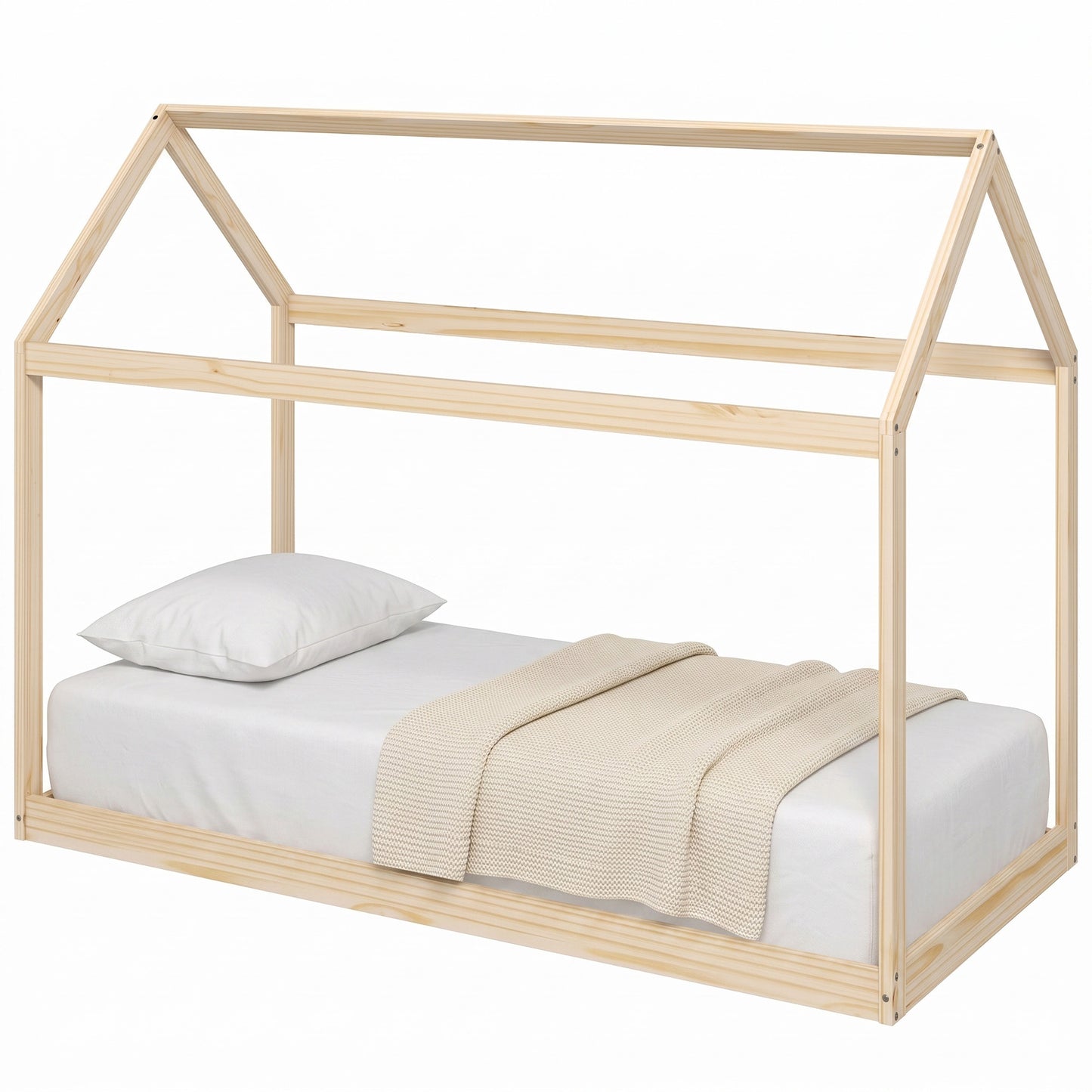 Wooden Single Bed Frame with Tree House Style, Natural Wood Finish