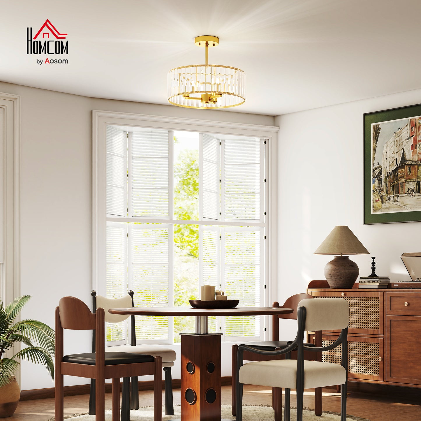 Semi Flush Mount Modern Crystal Chandelier Ceiling Light, Gold Tone