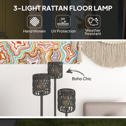 3-Light Solar Rattan Floor Lamp with Shelf, Auto On/Off, Grey