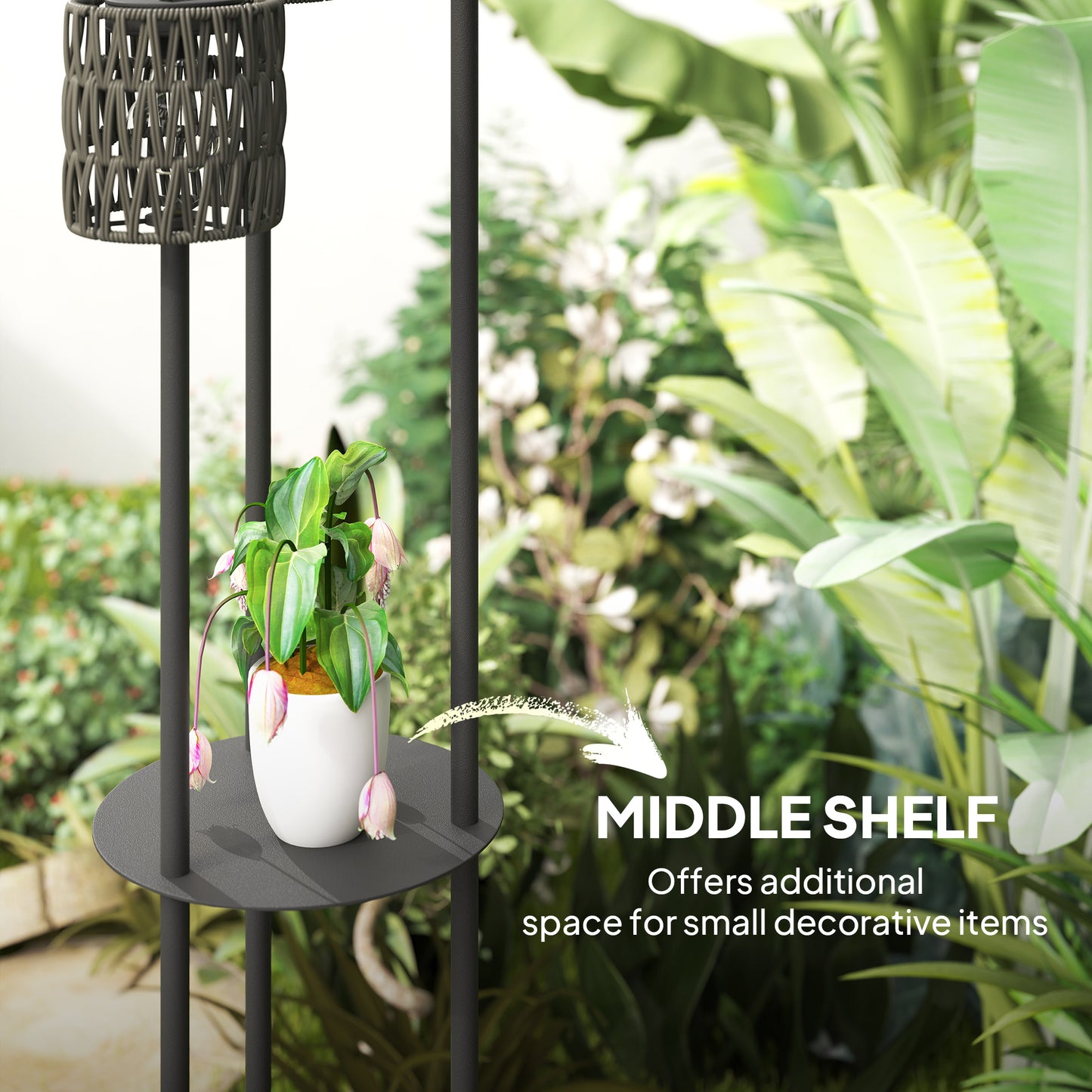 3-Light Solar Rattan Floor Lamp with Shelf, Auto On/Off, Grey