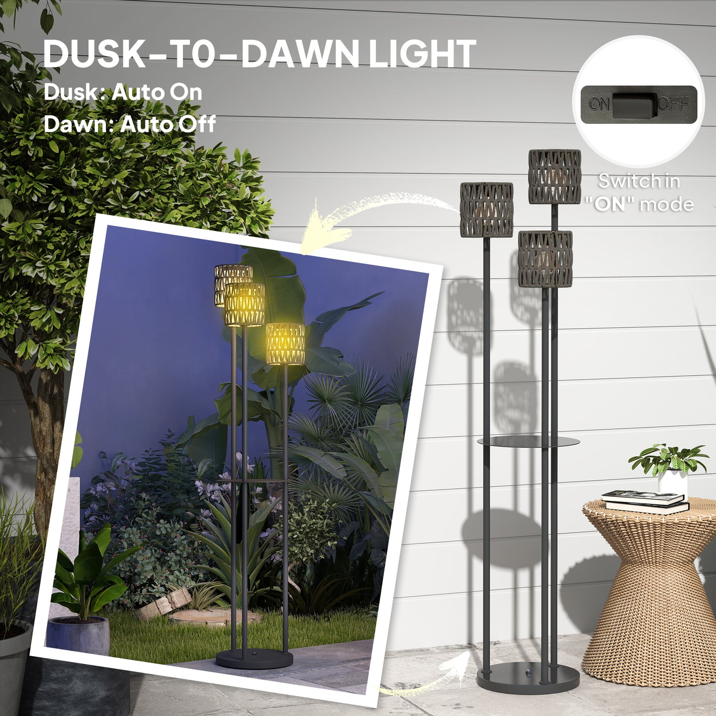 3-Light Solar Rattan Floor Lamp with Shelf, Auto On/Off, Grey