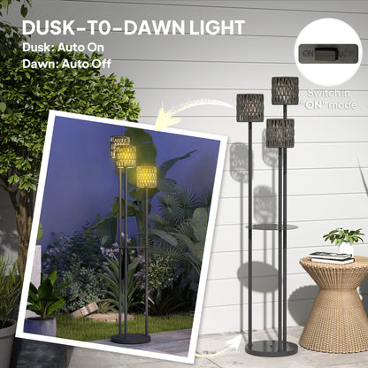 3-Light Solar Rattan Floor Lamp with Shelf, Auto On/Off, Grey