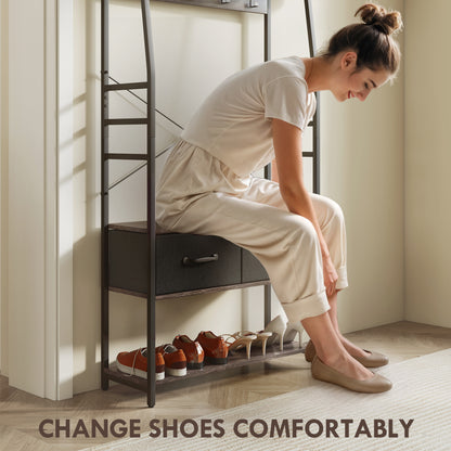 Coat Rack with Shoe Storage, Bench and 10 Hooks, Grey