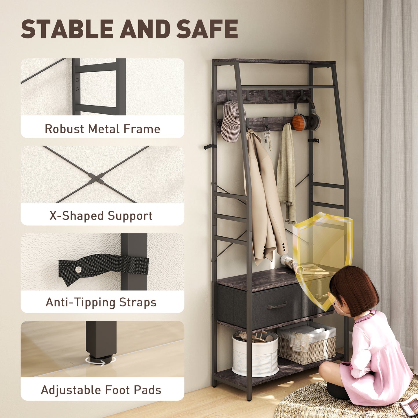 Coat Rack with Shoe Storage, Bench and 10 Hooks, Grey