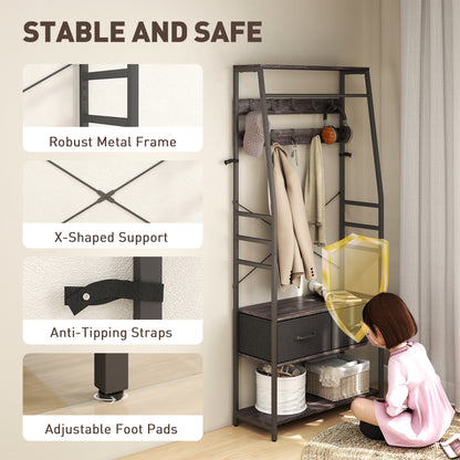 Coat Rack with Shoe Storage, Bench and 10 Hooks, Grey