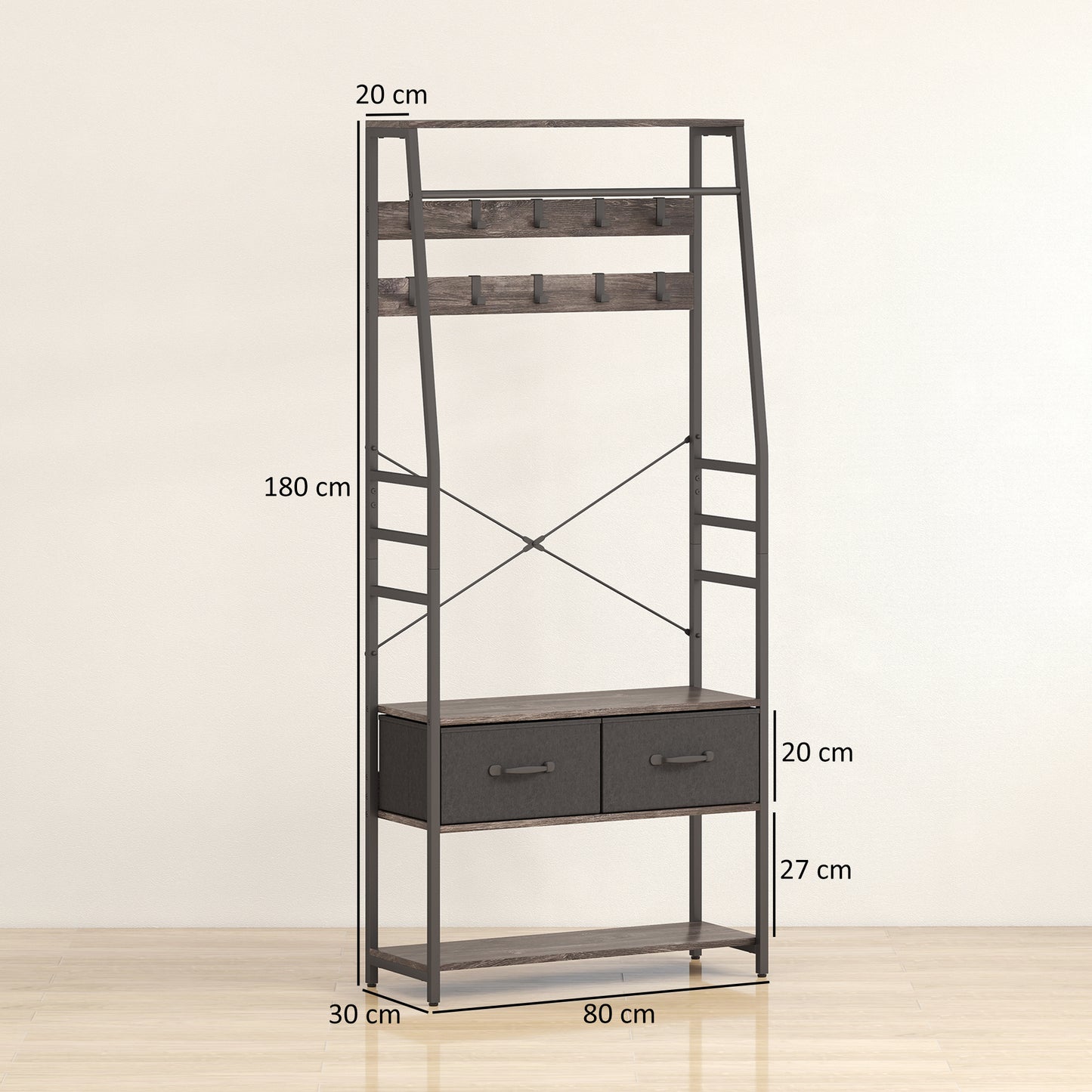 Coat Rack with Shoe Storage, Bench and 10 Hooks, Grey