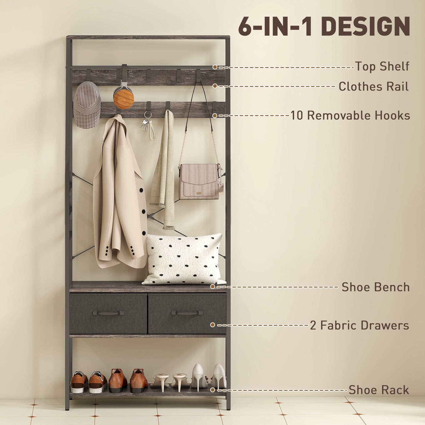 Coat Rack with Shoe Storage, Bench and 10 Hooks, Grey