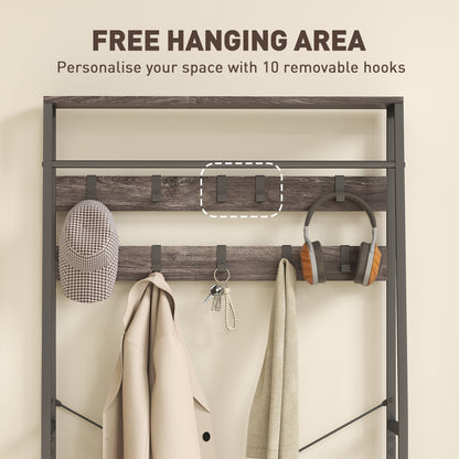 Coat Rack with Shoe Storage, Bench and 10 Hooks, Grey