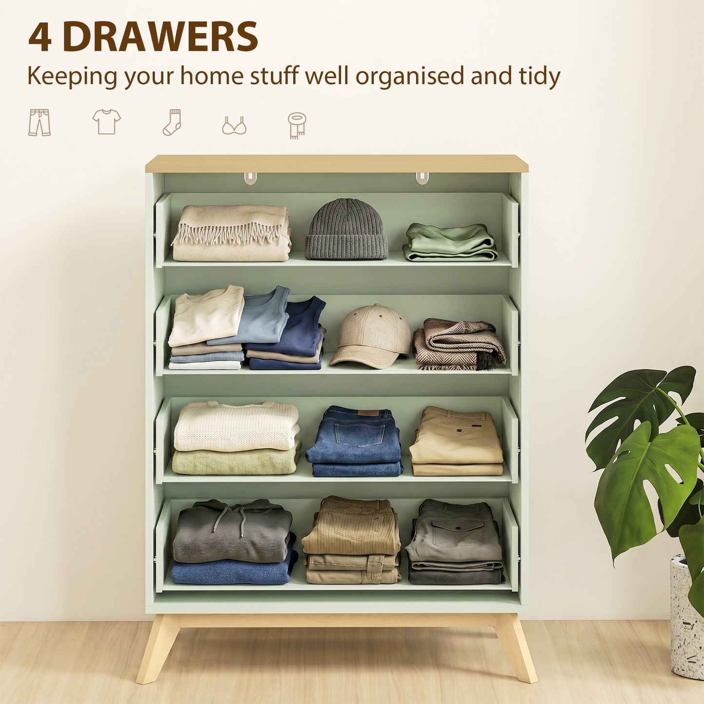 Chest of Drawers, 4 Drawer Storage Cabinet Floor Tower Cupboard for Bedroom Living Room, Light Green and Oak