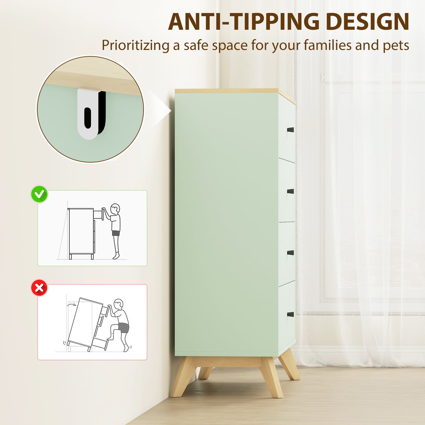 Chest of Drawers, 4 Drawer Storage Cabinet Floor Tower Cupboard for Bedroom Living Room, Light Green and Oak