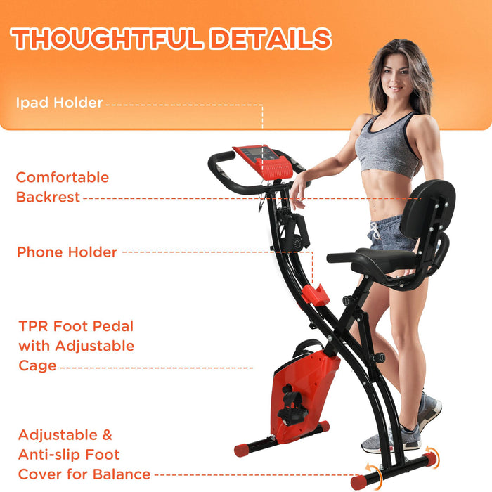 2-In-1 Upright Exercise Recumbent Bike Adjustable Resistance Stationary Fitness Home Gym Foldable w/ Armrests LCD Monitor Cycling Wheels Red