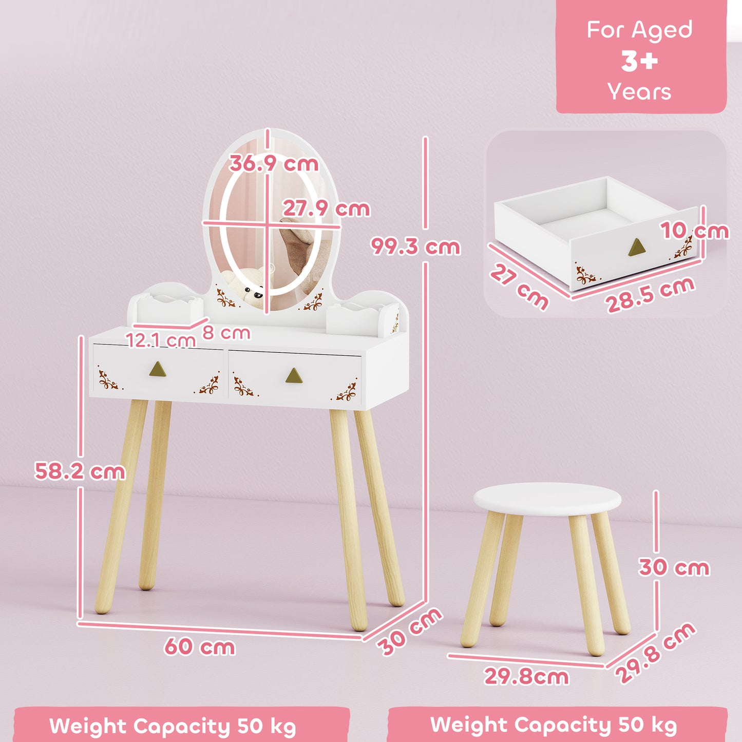 Kids Vanity Table and Chair Set with 3-Colour LED Lights Mirror