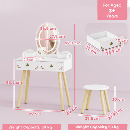 Kids Vanity Table and Chair Set with 3-Colour LED Lights Mirror