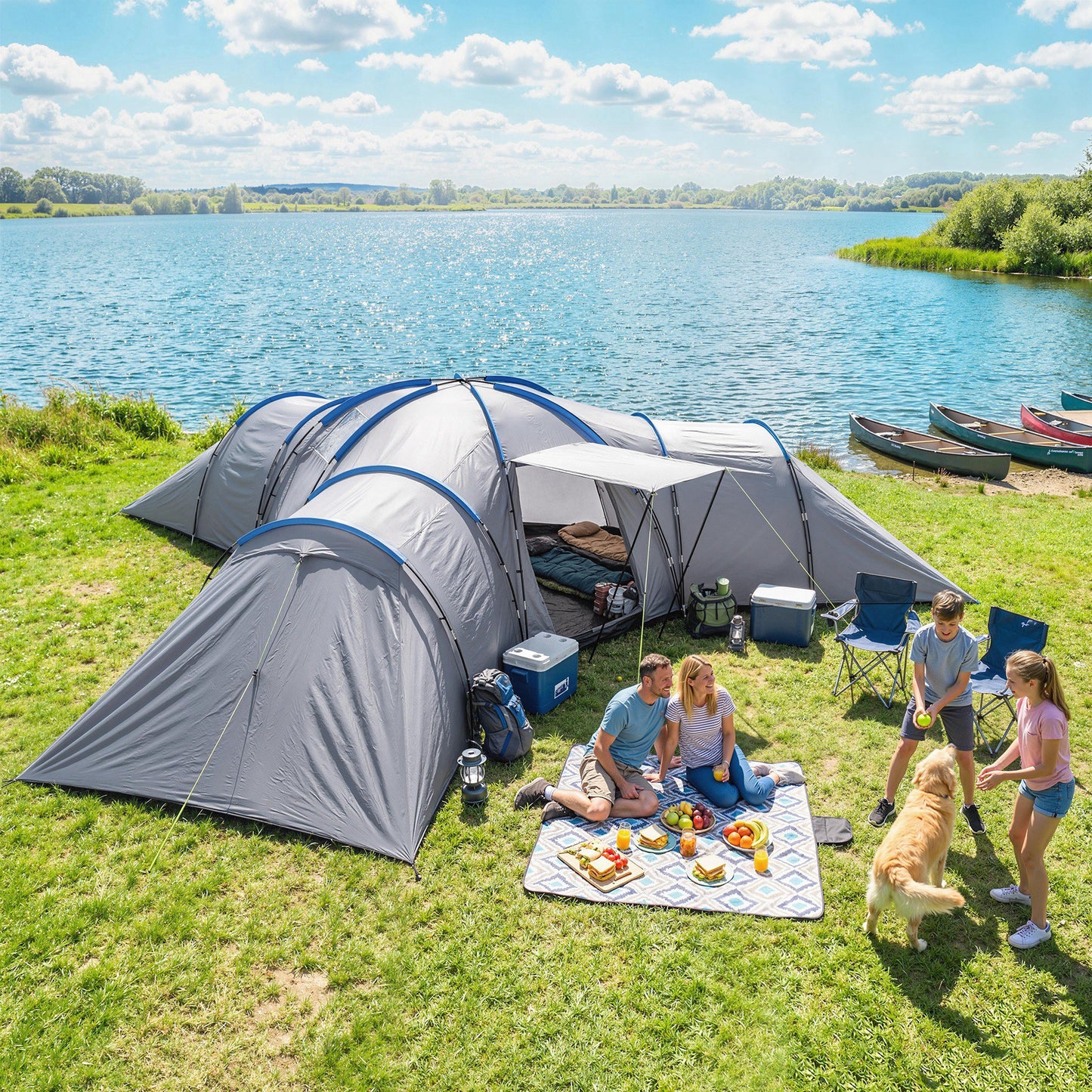 6-9 Man Large Tunnel Tent with 3 Bedrooms, Stand-up Camping Tent