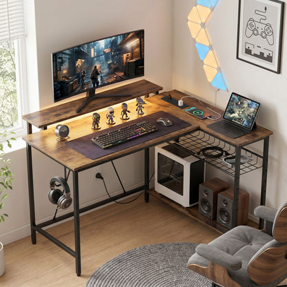 L Shaped Desk with LED Lights and Storage, Rustic Brown