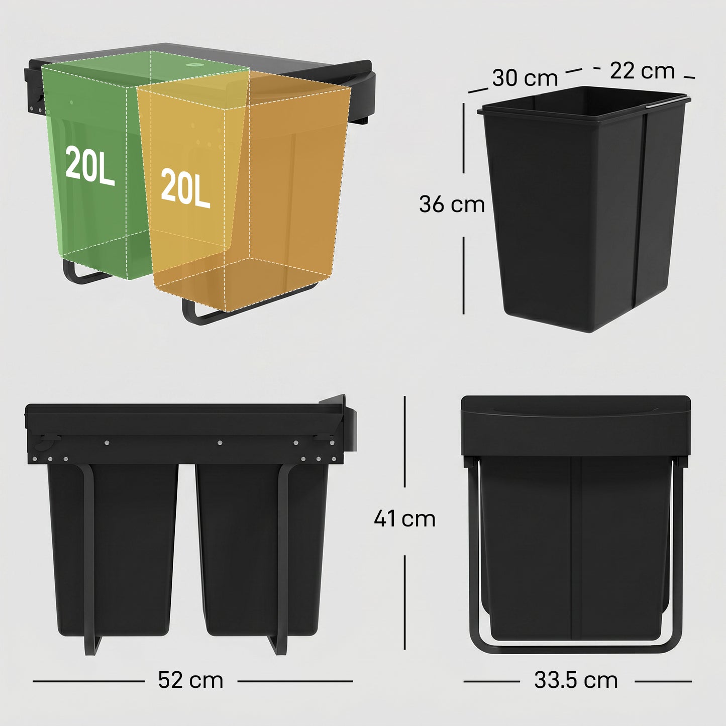 Pull Out Bin with Smooth Glide and Frosted Storage Lid, Soft-Close Kitchen Under Sink Bin with 2 Removable Compartments and Handle for Waste and Recycling, 40L (20L+20L), Black