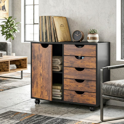 Modern Mobile 5-Drawer Cabinet w/ Door, Office Storage Cabinet