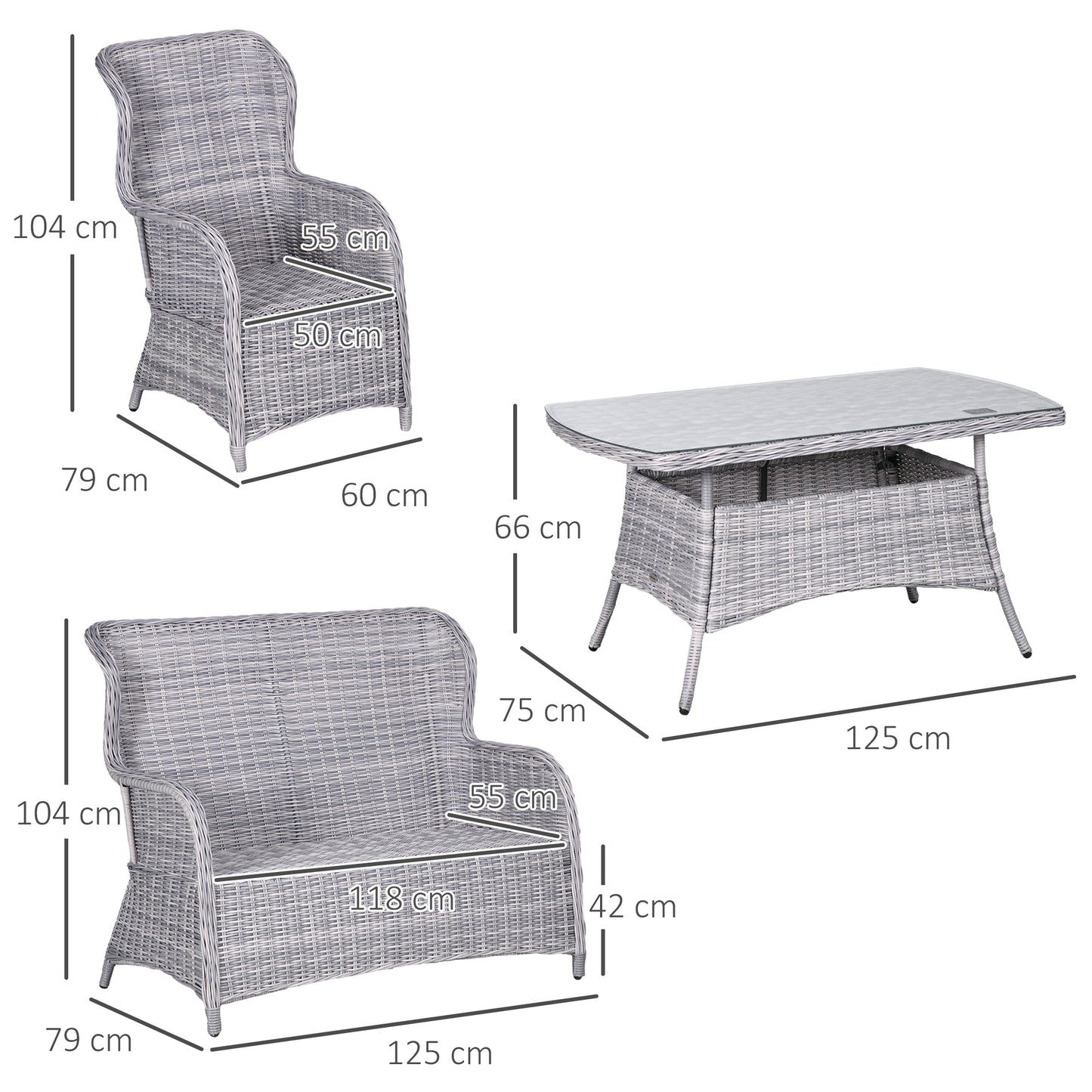 4 PCs Outdoor Rattan Sofa Set, Wicker Sectional Sofa Set Mixed Grey