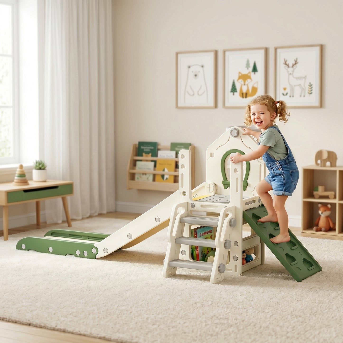 Foldable 5 in 1 Kids Slide with Climber and Basketball Hoop, Cream
