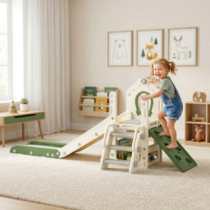 Foldable 5 in 1 Kids Slide with Climber and Basketball Hoop, Cream