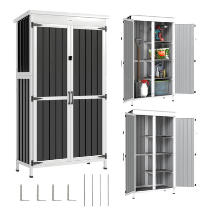 Garden Shed, Small Garden Storage Shed with 3 Removable Shelves and Double Doors, Fir Wood and Steel Tool Storage Cabinet for Tools, Equipment, White and Black