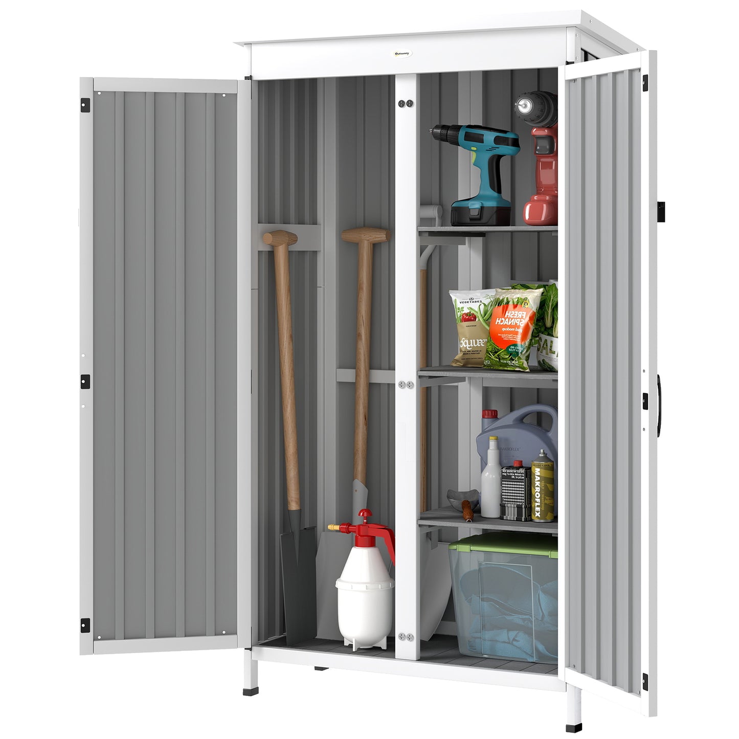 Garden Shed, Small Garden Storage Shed with 3 Removable Shelves and Double Doors, Fir Wood and Steel Tool Storage Cabinet for Tools, Equipment, White and Black