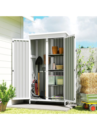 Garden Shed, Small Garden Storage Shed with 3 Removable Shelves and Double Doors, Fir Wood and Steel Tool Storage Cabinet for Tools, Equipment, White and Black