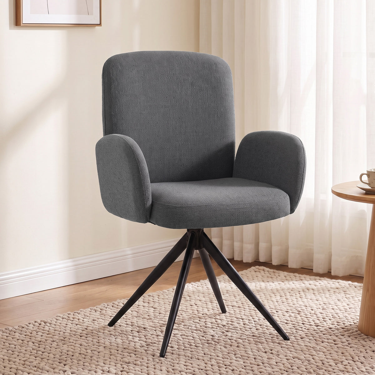 Linen-Effect Swivel Accent Chair with Curved Backrest - Grey & Black