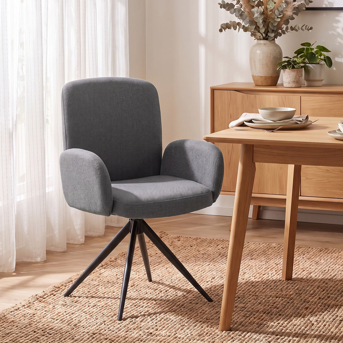 Linen-Effect Swivel Accent Chair with Curved Backrest - Grey & Black