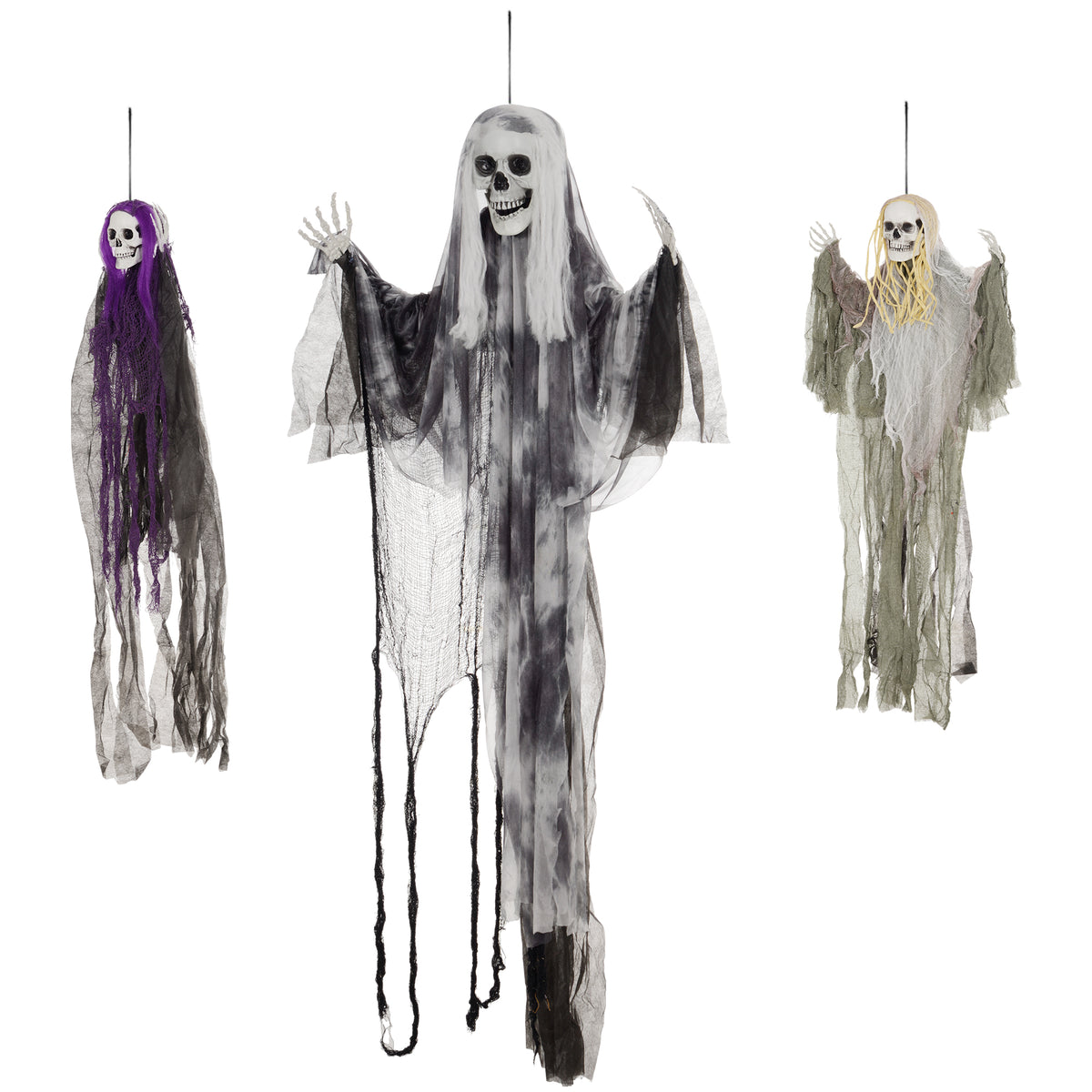 Set of 3 Hanging Skeleton, Flying Ghost Halloween Decorations