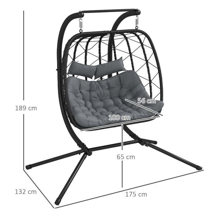 Outdoor PE Rattan Double-seater Swing Chair w/ Thick Padded Cushion, Patio Hanging Chair for 2 w/ Metal Stand, Headrest, Black