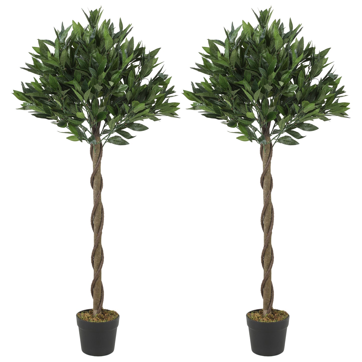 Artificial Bay Laurel Topiary Trees with Twisted Trunk, Realistic Lush Topiary Ball Tree with Weighted Pot, 4FT Indoor Greenery Plant for Home Office Garden Decor, Set of 2, Green