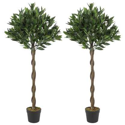 Artificial Bay Laurel Topiary Trees with Twisted Trunk, Realistic Lush Topiary Ball Tree with Weighted Pot, 4FT Indoor Greenery Plant for Home Office Garden Decor, Set of 2, Green