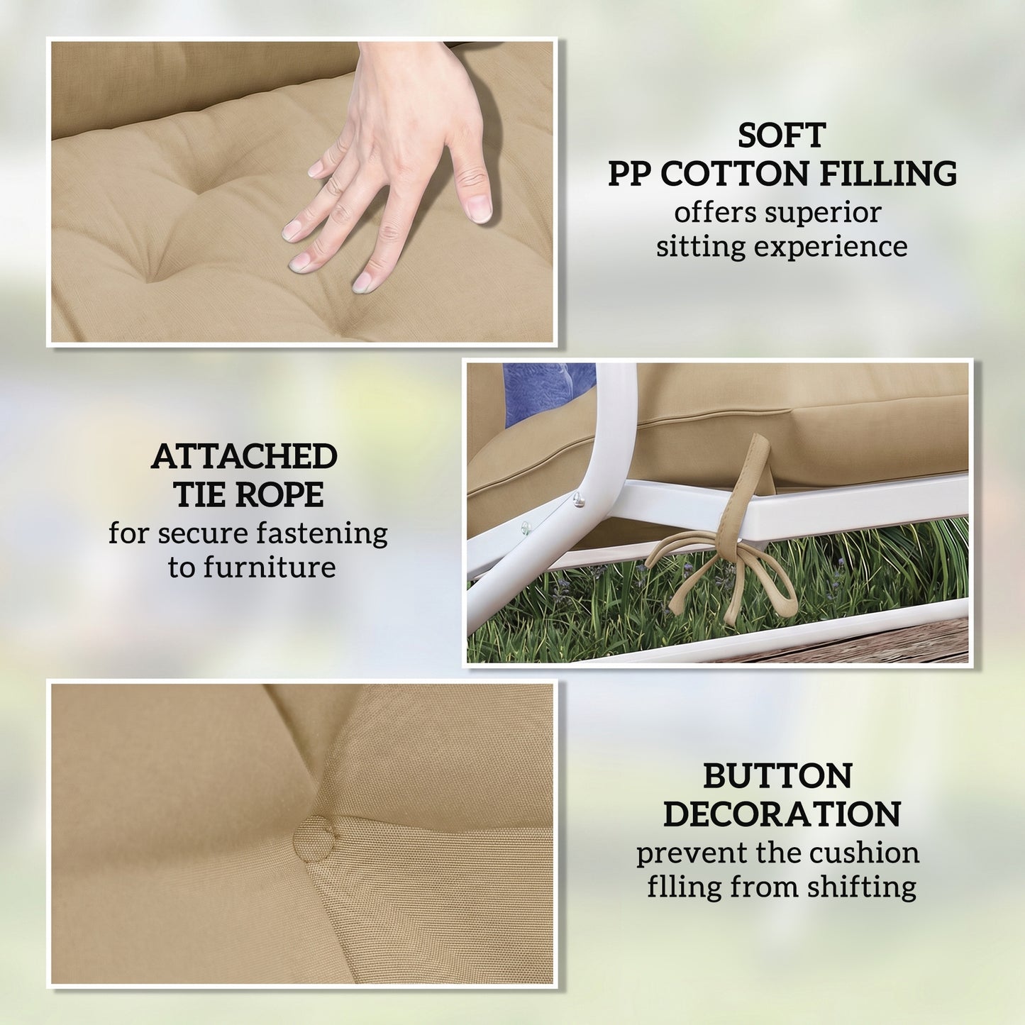 Garden Bench Cushion, Seat Pad with Ties, Khaki