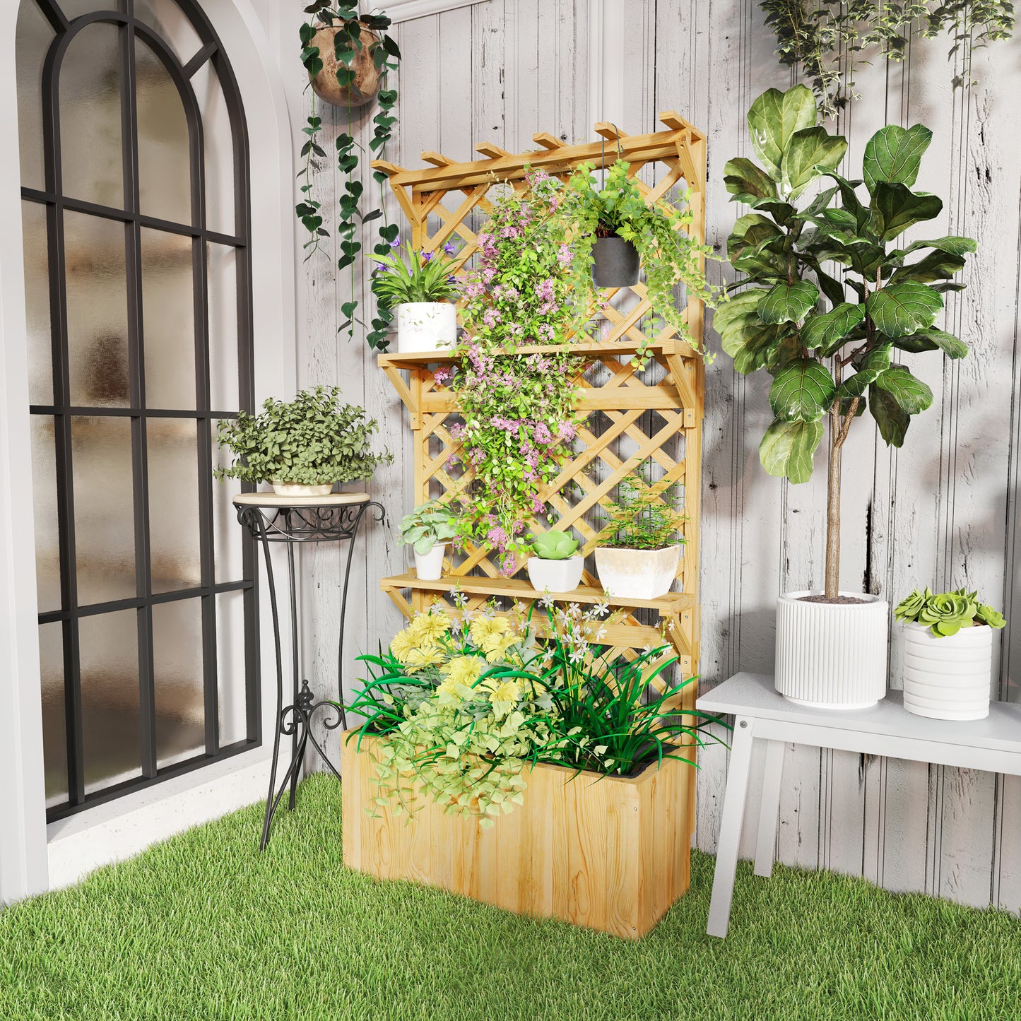 Wooden Raised Planter with Trellis and 2 Shelves, Nature Wood
