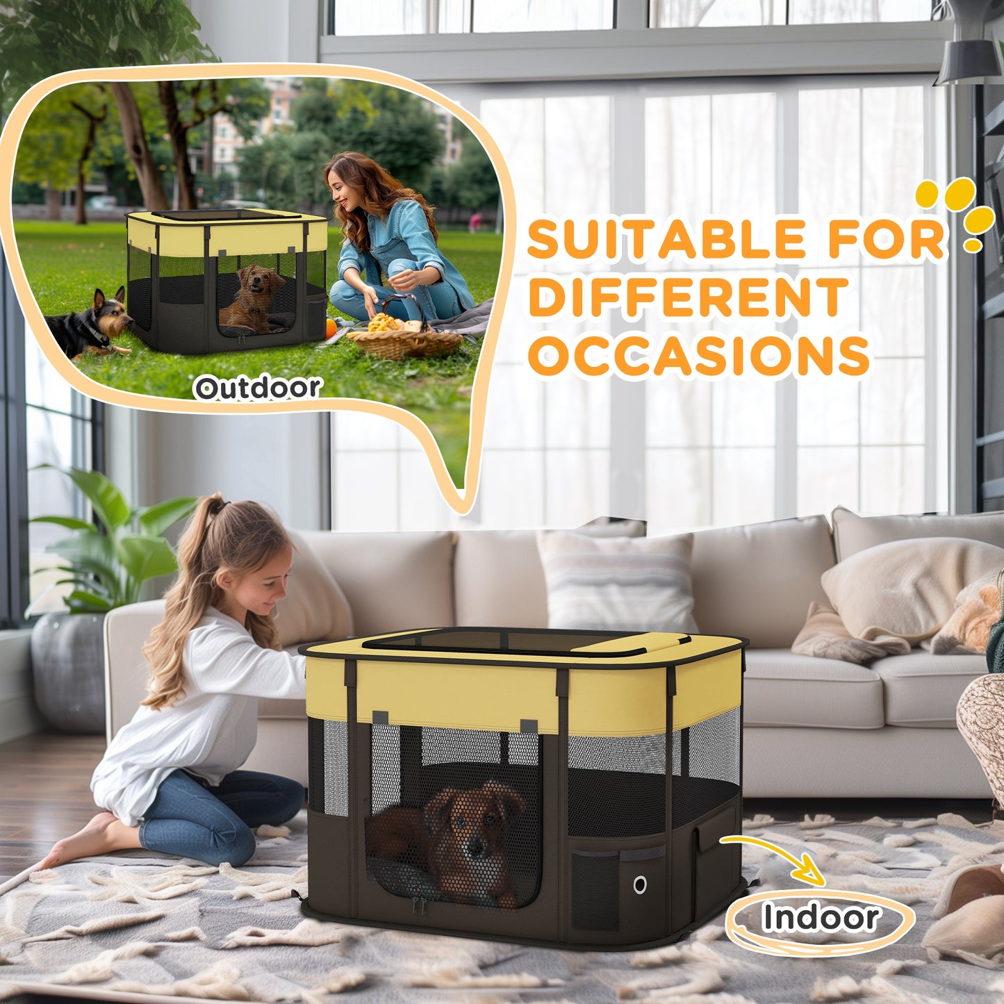 Dog Pen, Pet Playpen, Portable Foldable Dog Cat Playpen Soft Pet Cage with Storage Bag for Puppies, Rabbits, Kittens, Guinea Pigs, 74 x 60 x 45cm - Yellow