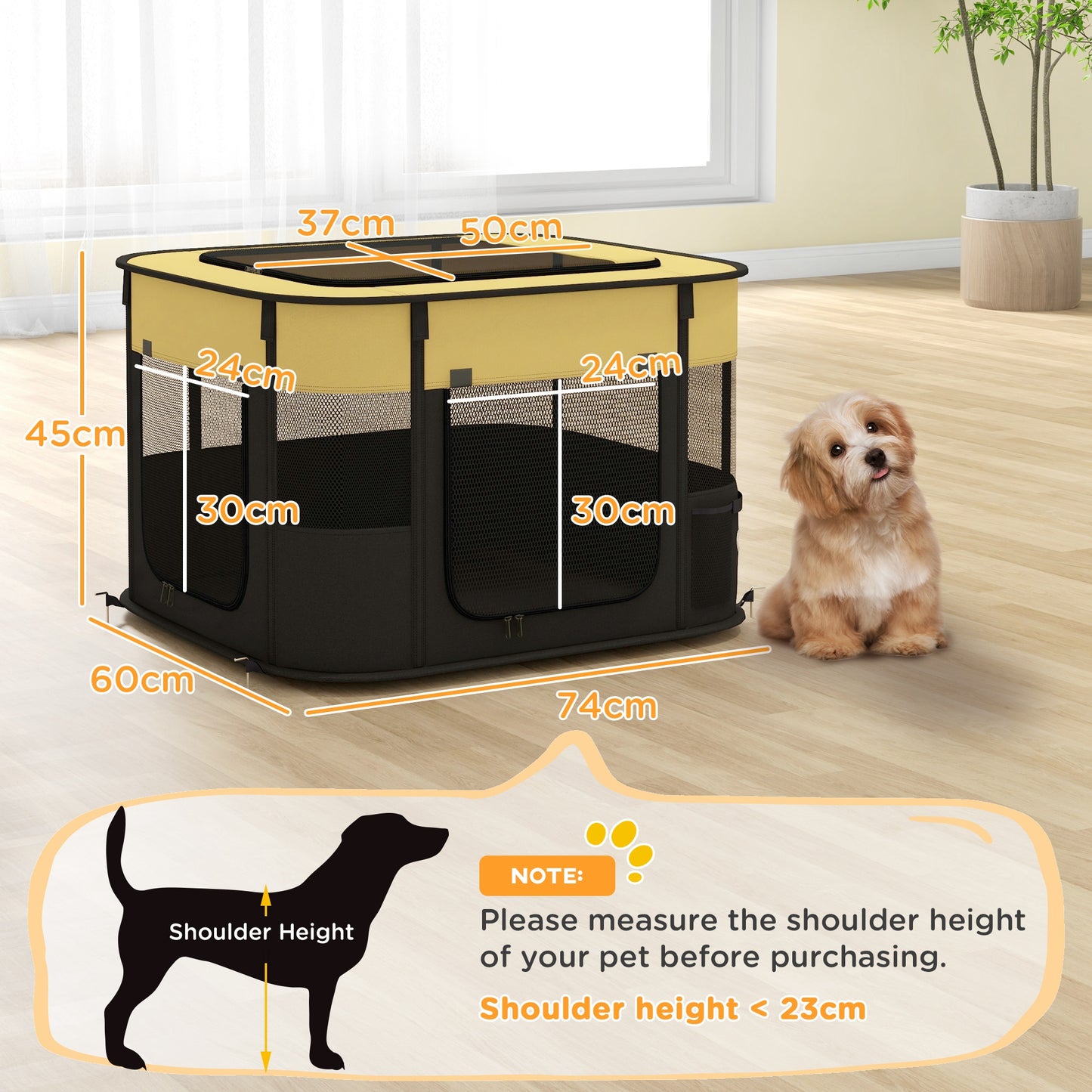 Dog Pen, Pet Playpen, Portable Foldable Dog Cat Playpen Soft Pet Cage with Storage Bag for Puppies, Rabbits, Kittens, Guinea Pigs, 74 x 60 x 45cm - Yellow
