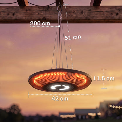 2000 W Hanging Electric Patio Heater with LED Light, IP65, Black