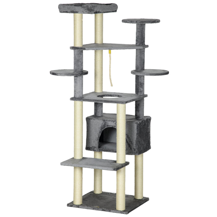 184cm Cat Tree for Indoor Cats, Multi-level Kitten Climbing Tower with Scratching Posts, Cat Bed, Condo, Perches, Hanging Play Rope, Grey