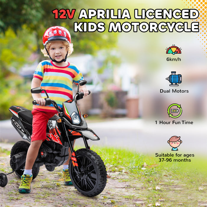 12V Kids Motorbike, Aprilia Licenced Kids Electric Motorbike with Training Wheels, Spring Suspension, LED Light, Music, USB, Kids Electric Bike for Boys Girls, Red