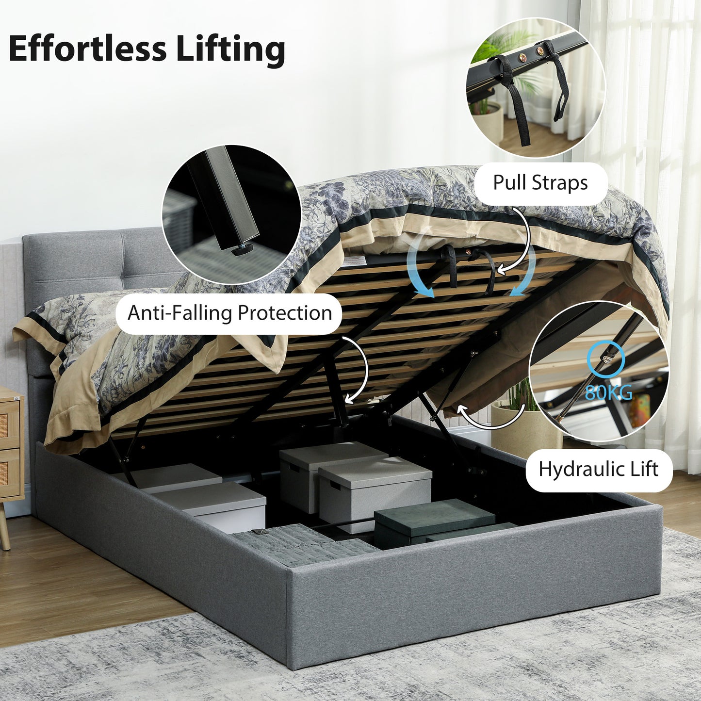 Upholstered Double Ottoman Bed, 4ft6 Double Ottoman Bed with Gas Lift Storage - Grey