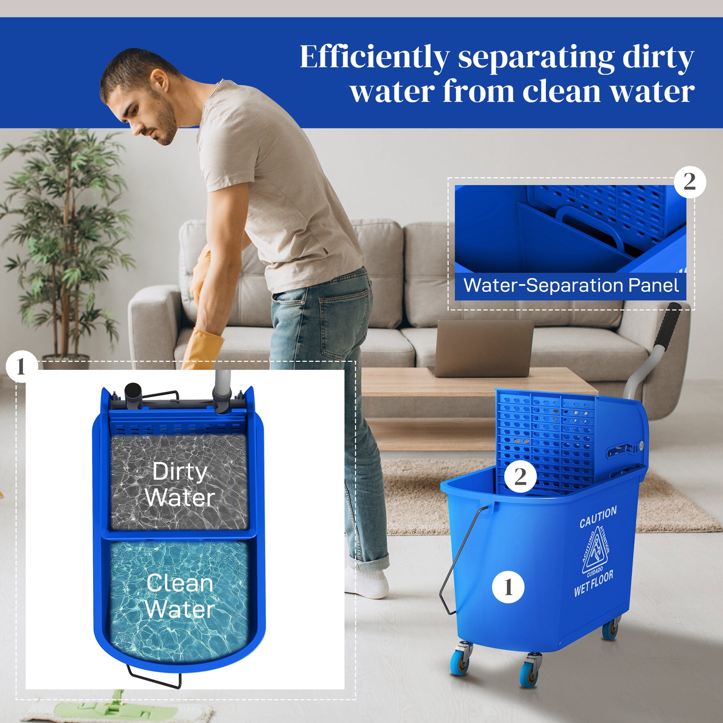 20L Mop Bucket with Wringer Handle on Wheels for Floor Cleaning Blue